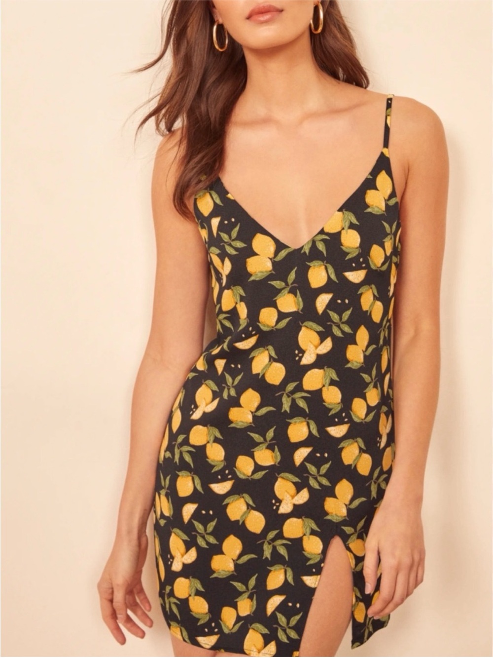 NWOT Reformation Mini Slip Dress with Yellow Lemon Print - Black